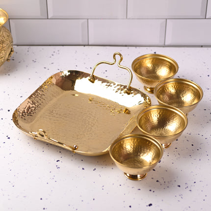 Brass Hammered Serving Tray With 4 Bowl Set