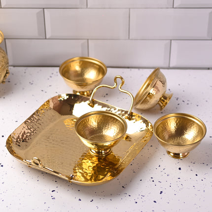 Brass Hammered Serving Tray With 4 Bowl Set