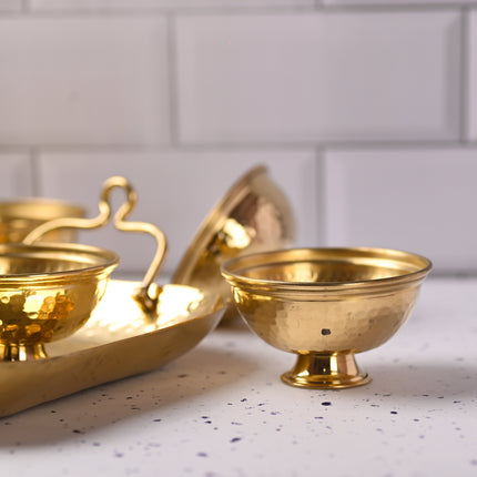 Brass Hammered Serving Tray With 4 Bowl Set