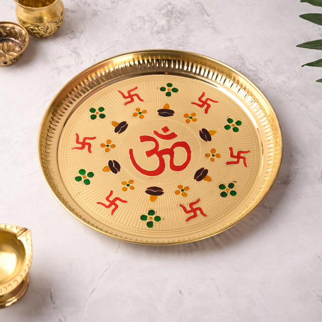 Brass Hand Painted Om & Swastik Pooja Thali (10 Inch)