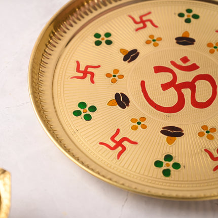 Brass Hand Painted Om & Swastik Pooja Thali (10 Inch)