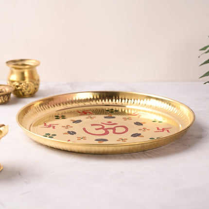 Brass Hand Painted Om & Swastik Pooja Thali (10 Inch)