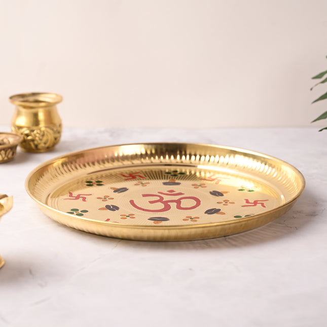 Brass Hand Painted Om & Swastik Pooja Thali (10 Inch)