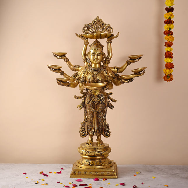 Brass Deep Lakshmi with Ten Arms (13.5 Inch)