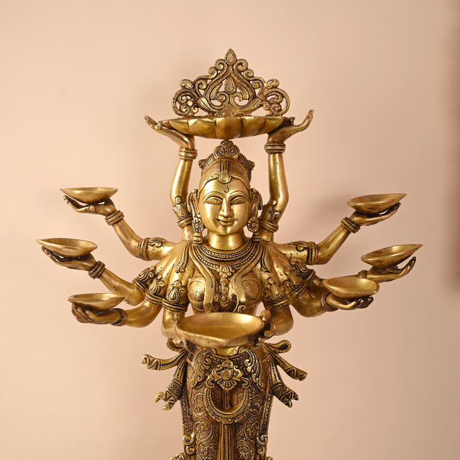 Brass Deep Lakshmi with Ten Arms (13.5 Inch)