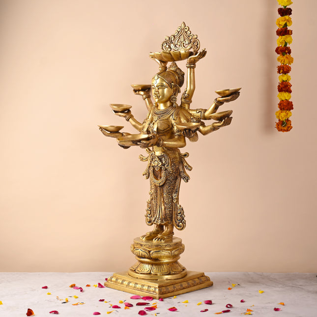 Brass Deep Lakshmi with Ten Arms (13.5 Inch)
