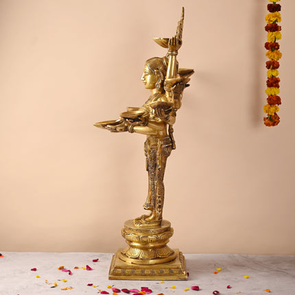 Brass Deep Lakshmi with Ten Arms (13.5 Inch)