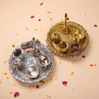 Brass Silver Plated Peacock Pooja Thali Set With Ghungroo (1 Kg)