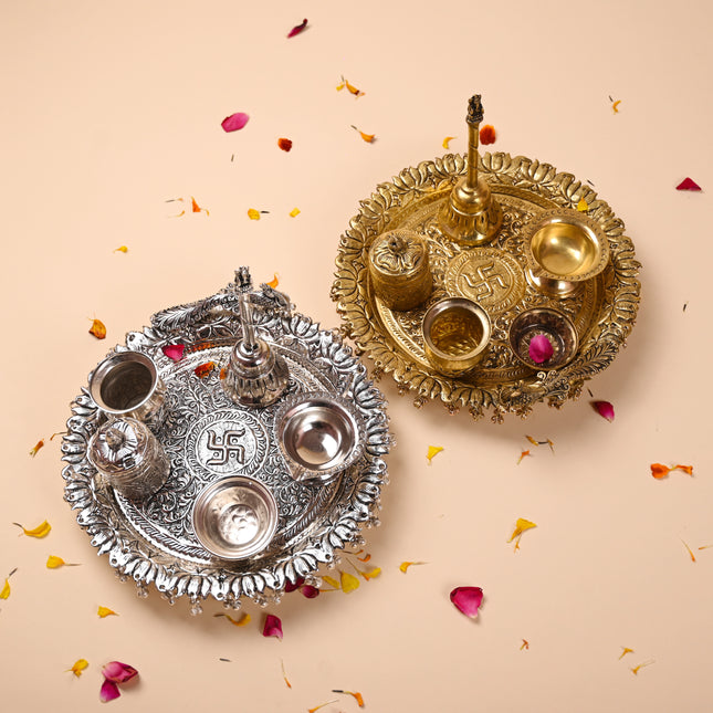 Brass Peacock Pooja Thali Set With Ghungroo (1 Kg)