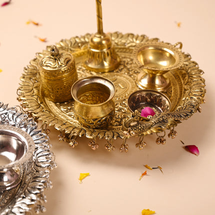 Brass Peacock Pooja Thali Set With Ghungroo (1 Kg)