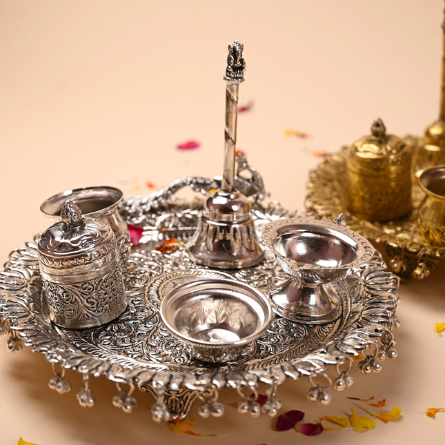 Brass Peacock Pooja Thali Set With Ghungroo (1 Kg)