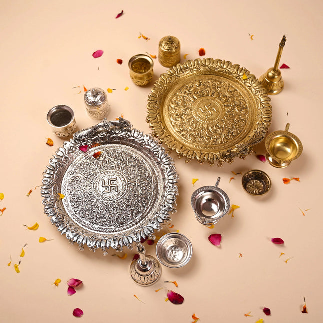 Brass Silver Plated Peacock Pooja Thali Set With Ghungroo (1 Kg)