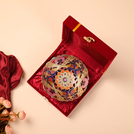 Brass Hand Painted Peacock Fruit Bowl With Velvet Box