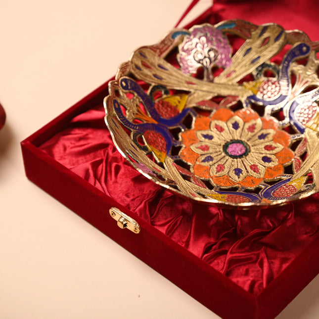 Brass Hand Painted Peacock Fruit Bowl With Velvet Box
