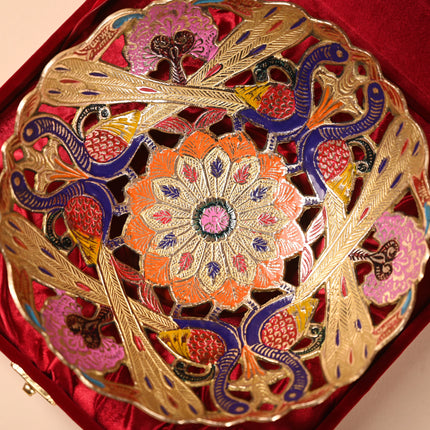 Brass Hand Painted Peacock Fruit Bowl With Velvet Box