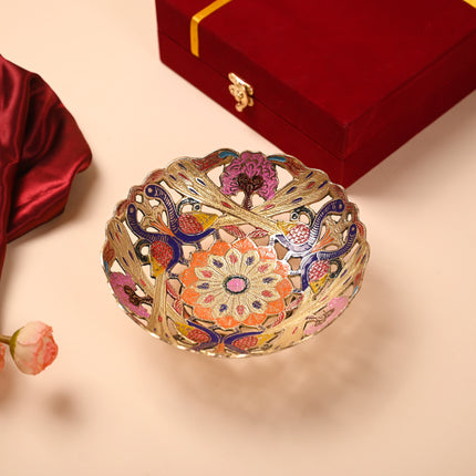 Brass Hand Painted Peacock Fruit Bowl With Velvet Box