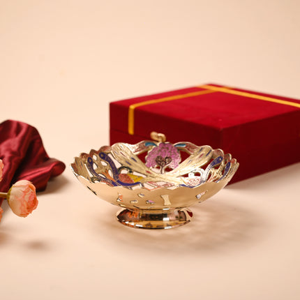 Brass Hand Painted Peacock Fruit Bowl With Velvet Box