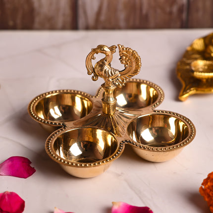 Brass Peacock Design Four Petal Chopra / Pooja Plate (3.5 Inch)