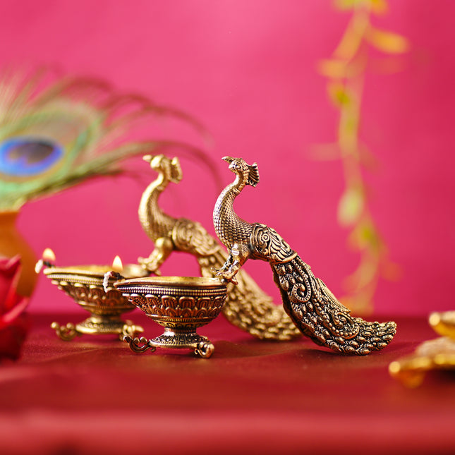 Brass Peacock Diya Pair – Handcrafted Traditional Brass Decor (3.3 Inch)