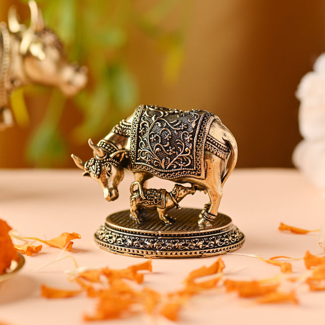 Brass Kamdhenu Cow with Calf Idol – Handmade Auspicious Decor (2 Inch)