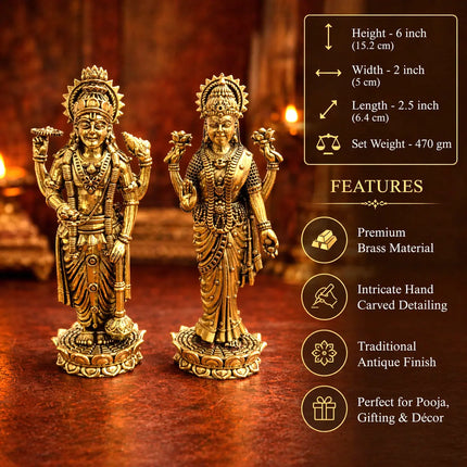 Brass Vishnu Lakshmi Standing Lightweight Idol Set (6 Inch)
