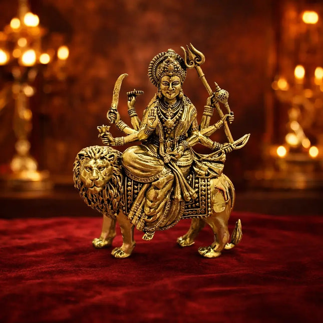 Brass Lightweight Goddess Durga Idol Sitting on Lion