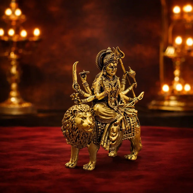 Brass Lightweight Goddess Durga Idol Sitting on Lion