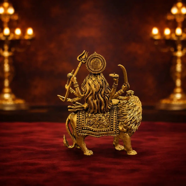 Brass Lightweight Goddess Durga Idol Sitting on Lion