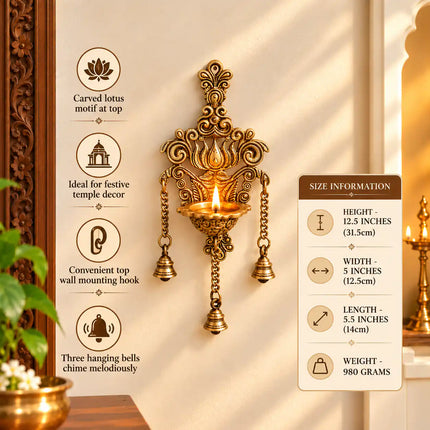 Brass Wall Hanging Lotus Diya With Bell (12.5 Inch)