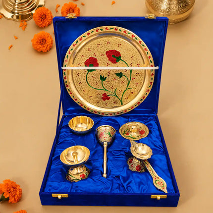Brass Hand Painted Pooja Thali Set (1.2 Kg)