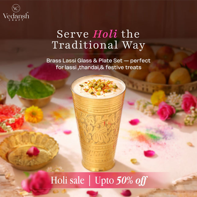 Brass Lassi Glass And Plate Set