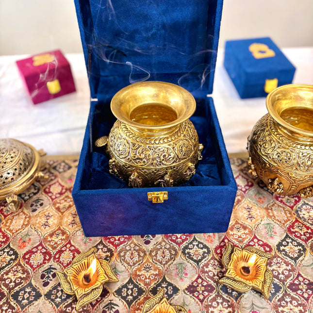 Brass Handcrafted Kalash with Velvet Box – Ashtalakshmi & Dashavatar