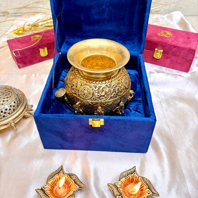 Brass Handcrafted Kalash with Velvet Box – Ashtalakshmi & Dashavatar