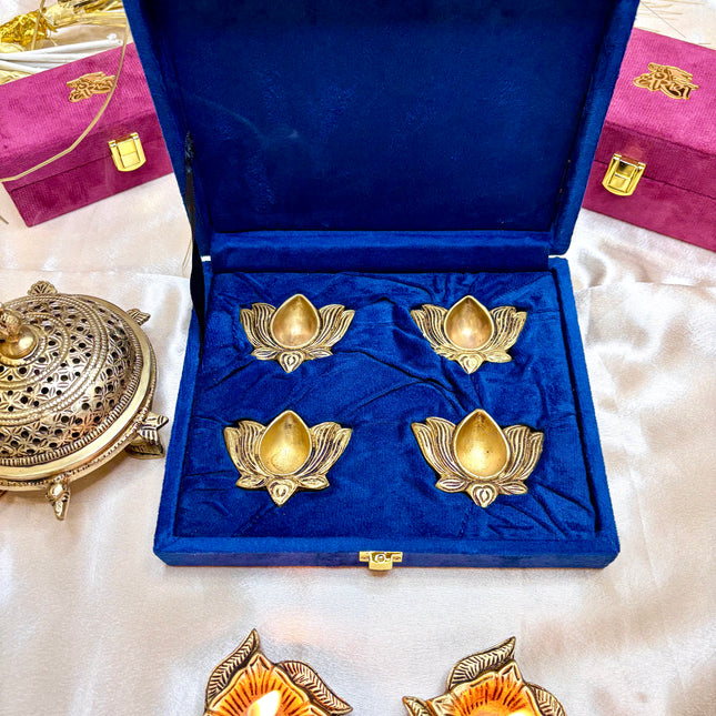 Brass Lotus Flower Diya Set of 4 with Velvet Gift Box (0.8 Inch)