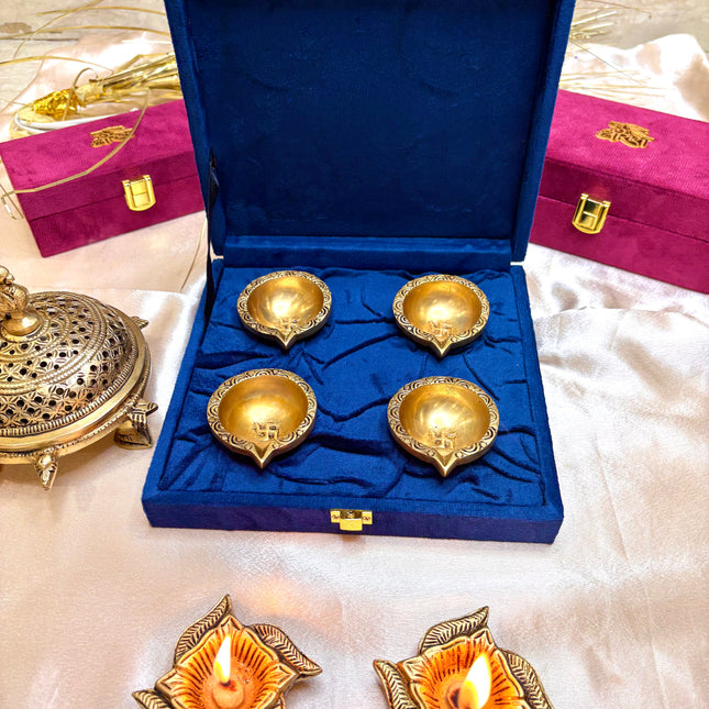 Brass Diya Set of 4 with Velvet Gift Box – Elegant Gift Hamper