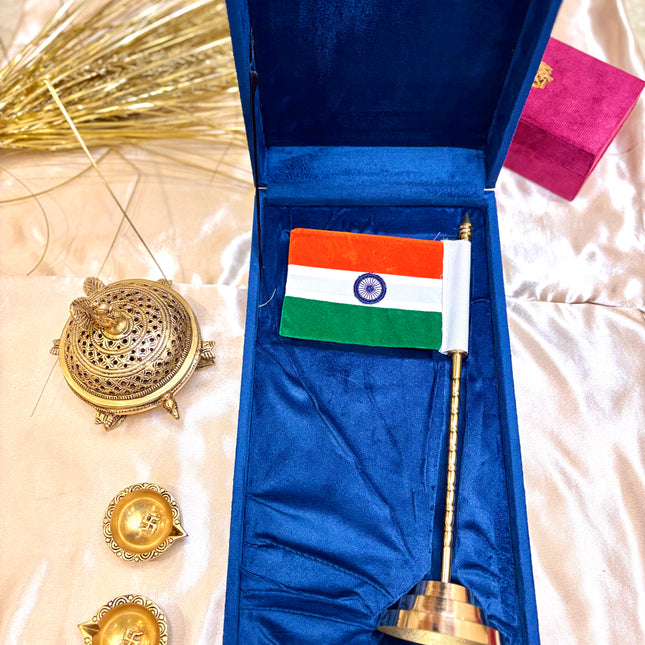 Brass National Single Flag Stand with Velvet Box – Premium Gift Hamper(13.5 Inch)