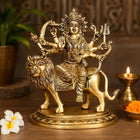 Brass Goddess Durga Sitting on Lion Statue (8 Inch)