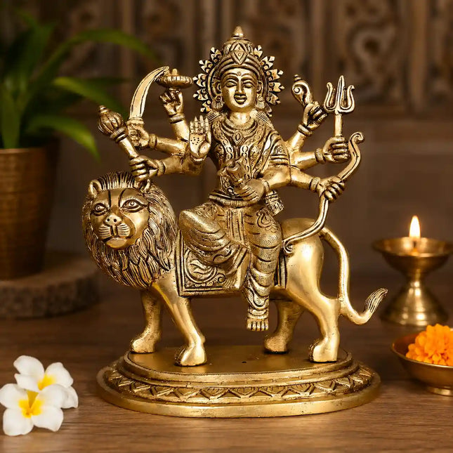 Brass Goddess Durga Sitting on Lion Statue (8 Inch)
