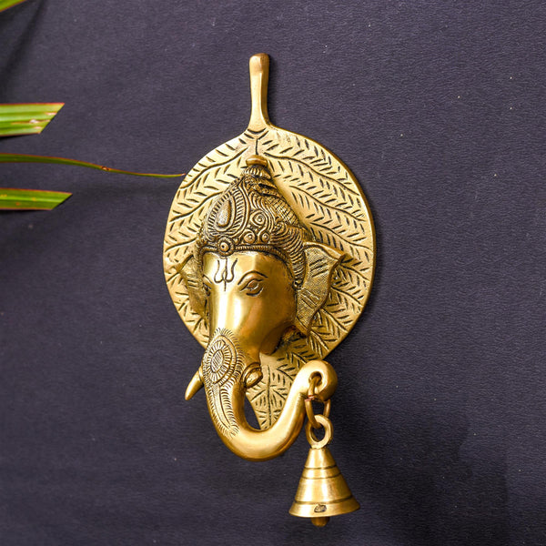Brass Ganesha Bell On Leaf Wall Hanging (8 Inch)