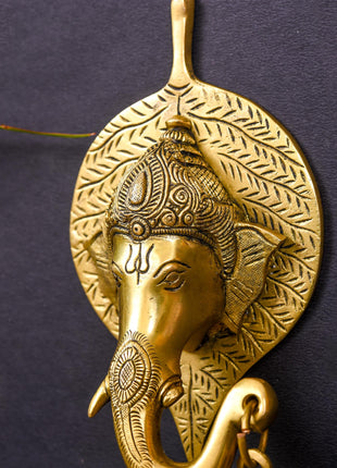 Brass Ganesha Bell On Leaf Wall Hanging (8 Inch)