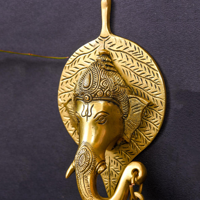 Brass Ganesha Bell On Leaf Wall Hanging (8 Inch)