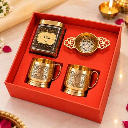 Brass Luxury Gift Hamper with Tea Cups & Tea Strainer