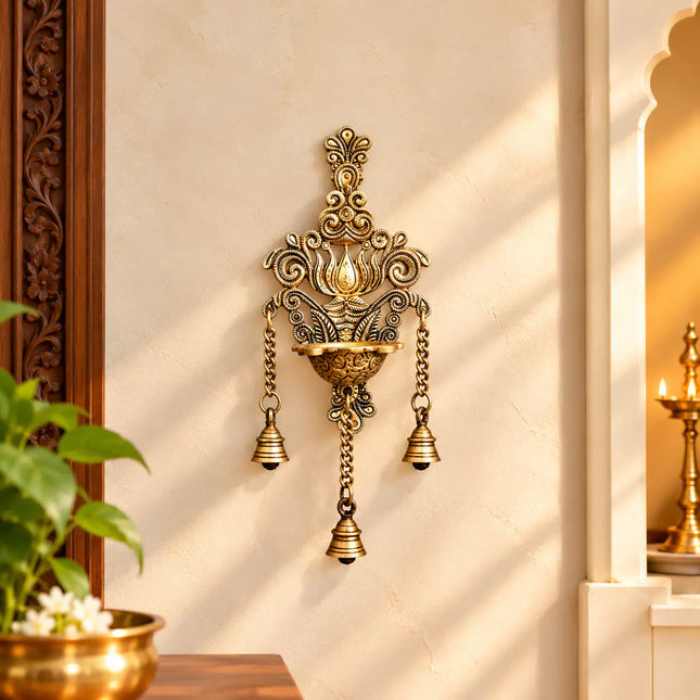 Brass Wall Hanging Lotus Diya With Bell (12.5 Inch)