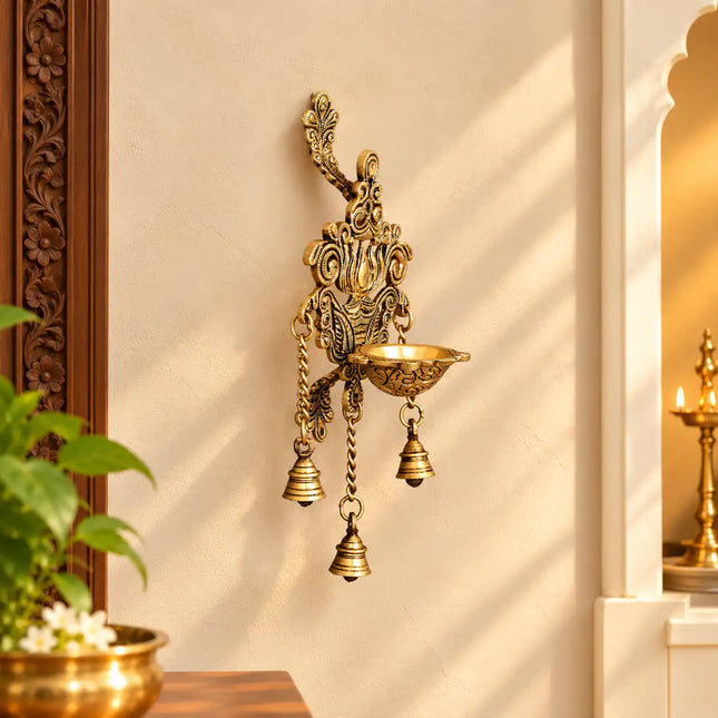 Brass Wall Hanging Lotus Diya With Bell (12.5 Inch)