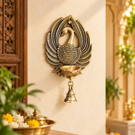 Brass Peacock Wall Hanging Diya With Bell (8 Inch)