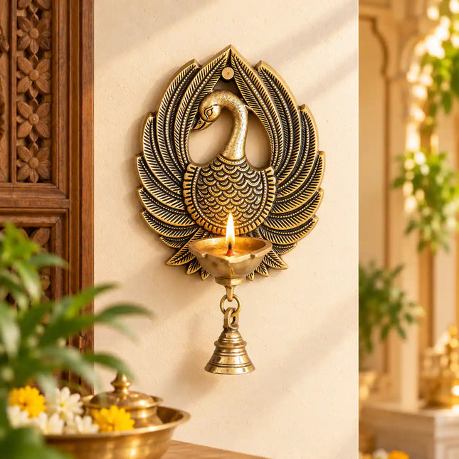 Brass Peacock Wall Hanging Diya With Bell (8 Inch)