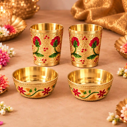 Brass Luxury Gift Hamper with Meenakari Glasses & Bowls