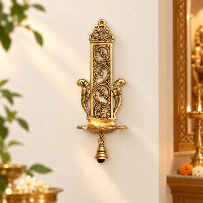 Brass Peacock Hanging Diya With Bell (13 Inch)