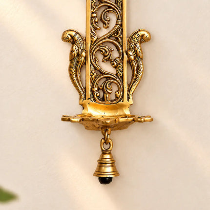 Brass Peacock Hanging Diya With Bell (13 Inch)
