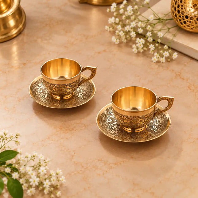Brass Luxury Gift Hamper with Tea Cups & Saucer Set